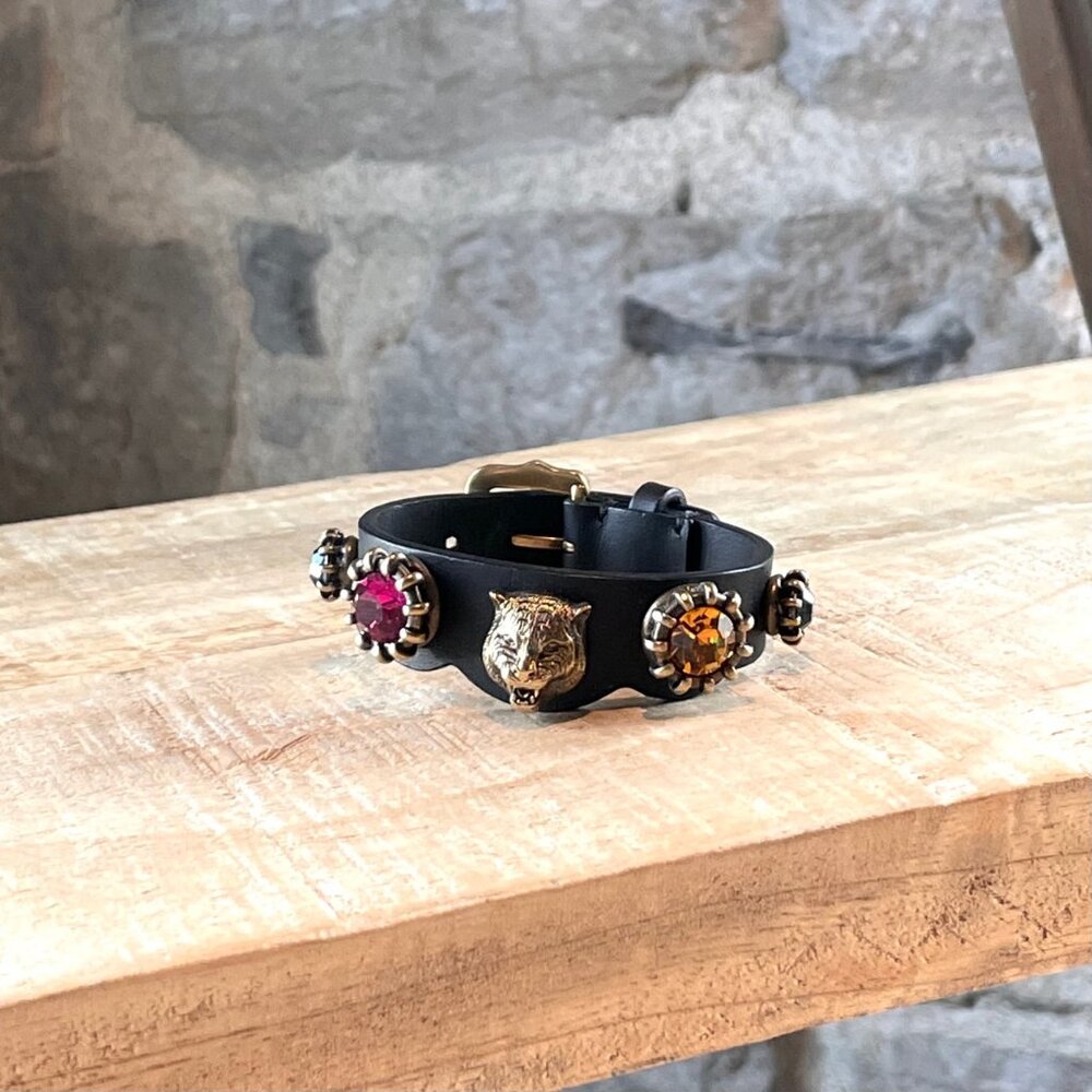 Gucci Black Leather Feline Stone Studded Bracelet